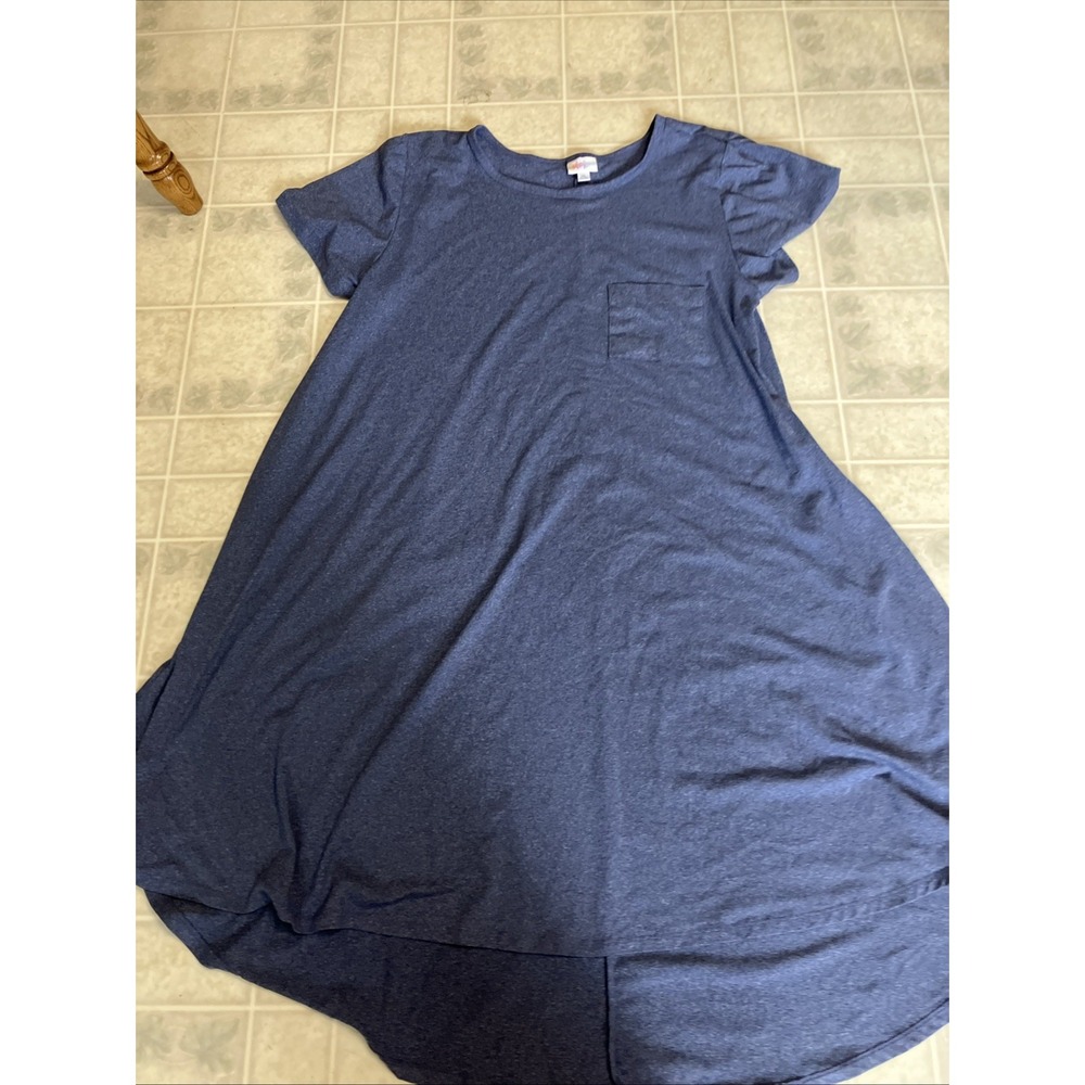LuLaRoe Carly Swing Dress Loose Modest Blue Euro Summer High Low Hem Short Slv